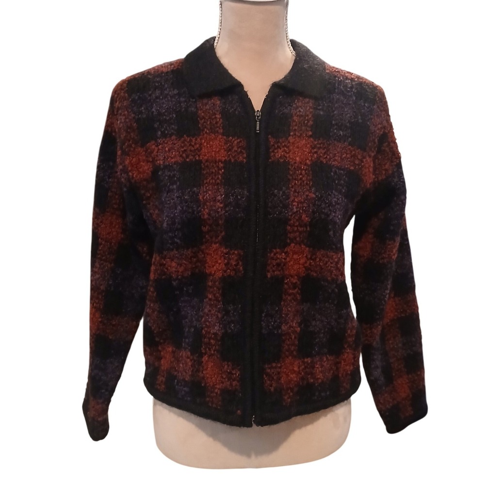 VTG PHD Small Mohair Wool Blend Zip Up Plaid Textured Cardigan Sweater Small